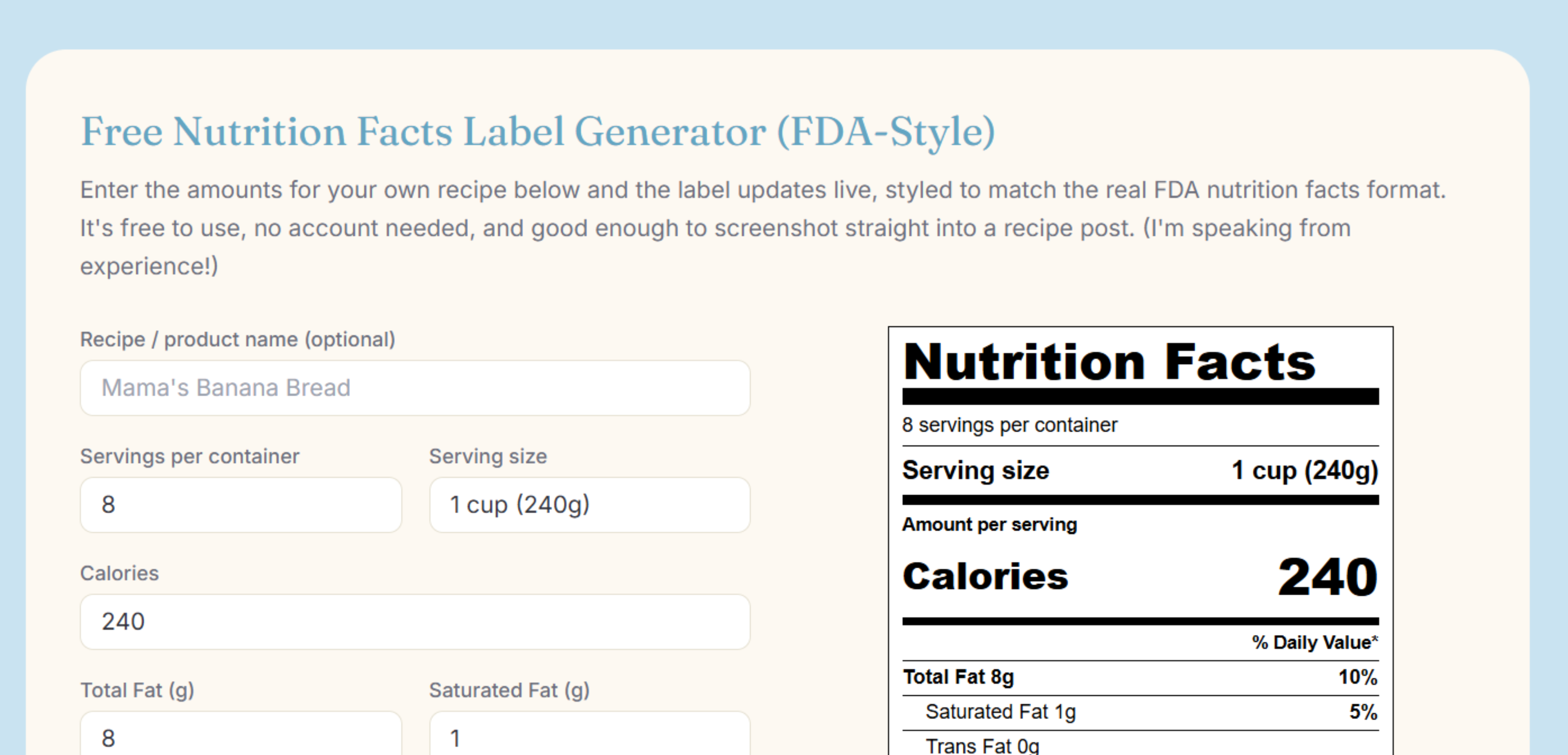 Image of the nutrition facts label page
